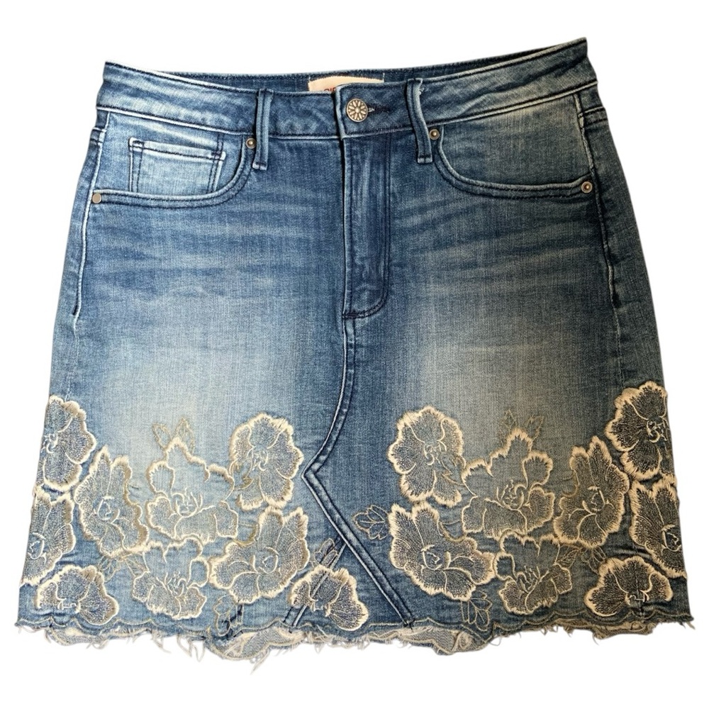 DRIFTWOOD Blue Denim Mini Skirt Floral Embroidered Size 26.